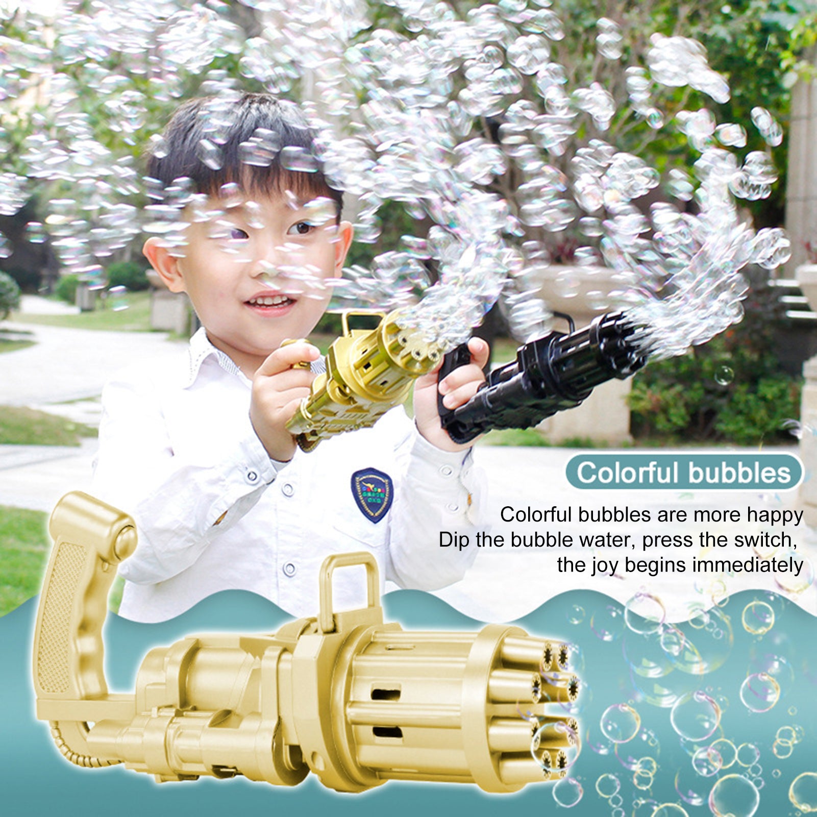 ⭐ Pistola de Burbujas para Niños 2 en 1 | Máquina de Burbujas + Ventilador | ABS Resistente, Colores Rosa/Oro/Negro | Ideal para Baño, Verano, Fiestas y Juegos